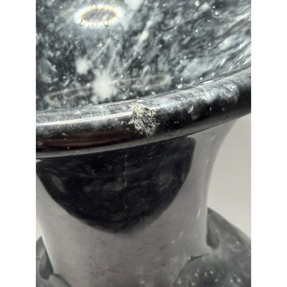 Vintage Black‎ Marble Stone Vase Floral Etched 9.5